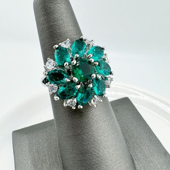 Vintage Art Deco Green 925 1930s Cluster Ring Dazzling Statement Flower - Picture 2 of 10